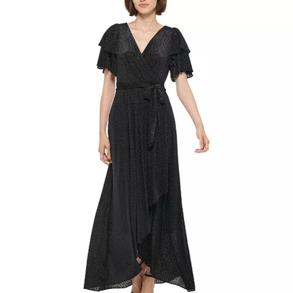 DKNY Women's Velvet Burnout Faux Wrap V-Neck Midi Dress